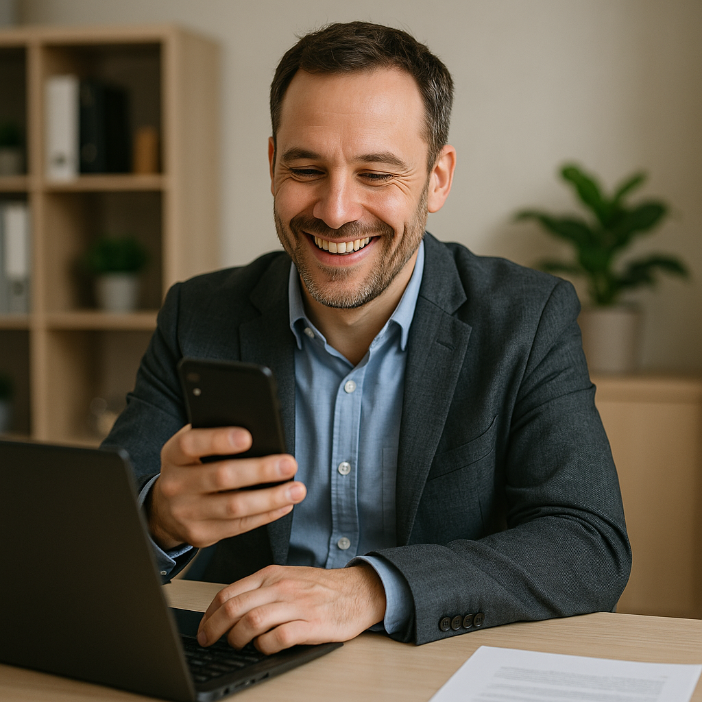 Homme souriant utilisant l’application iGoFlex sur son smartphone et son ordinateur portable pour communiquer depuis son bureau.