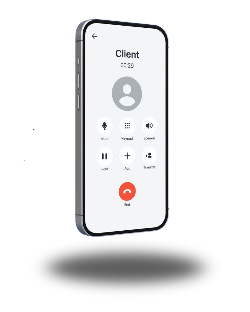 Interface minimaliste d’un softphone numérique affichée sur smartphone, avec clavier de numérotation et bouton d’appel.