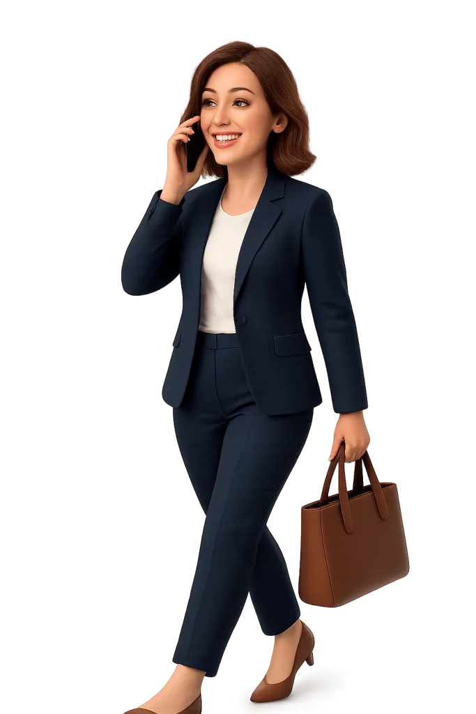 Illustration d’une femme d’affaires souriante marchant en parlant au téléphone, symbole de mobilité professionnelle avec iGoFlex.