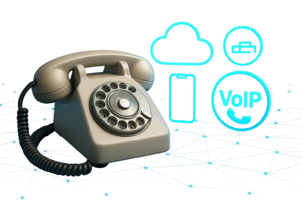 Téléphone fixe ancien à cadran avec des icônes modernes de cloud et VoIP, représentant la transition vers la téléphonie numérique iGoFlex.