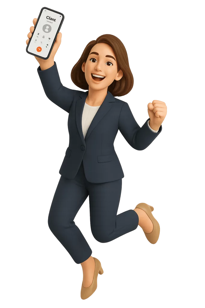 Illustration d’une femme d’affaires heureuse tenant un smartphone affichant un appel client, symbole de communication réussie avec iGoFlex.
