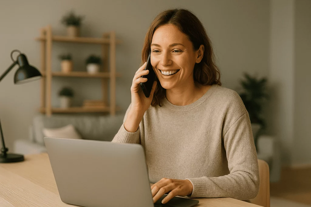 Femme souriante en télétravail parlant au téléphone tout en utilisant son ordinateur portable, illustrant la communication fluide avec iGoFlex.
