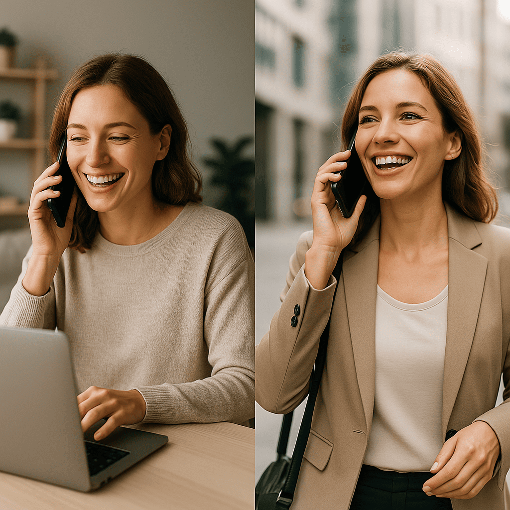 Deux professionnelles en communication téléphonique, l’une en télétravail et l’autre en déplacement, illustrant la flexibilité de la téléphonie cloud iGoFlex.