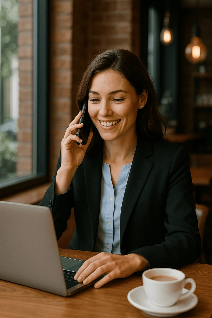 Femme d’affaires en communication professionnelle avec numéro fixe sur mobile via iGoFlex