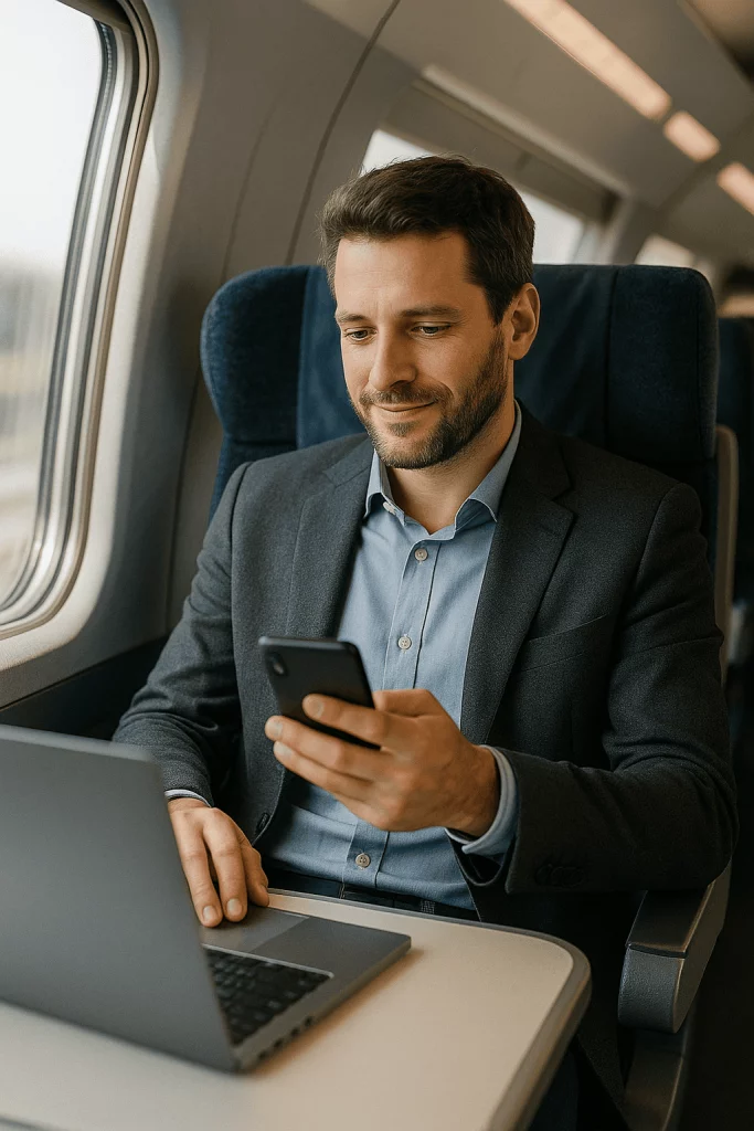 Homme d’affaires travaillant sur son ordinateur portable et son smartphone dans un train, illustrant la mobilité et la connectivité professionnelle avec iGoFlex.