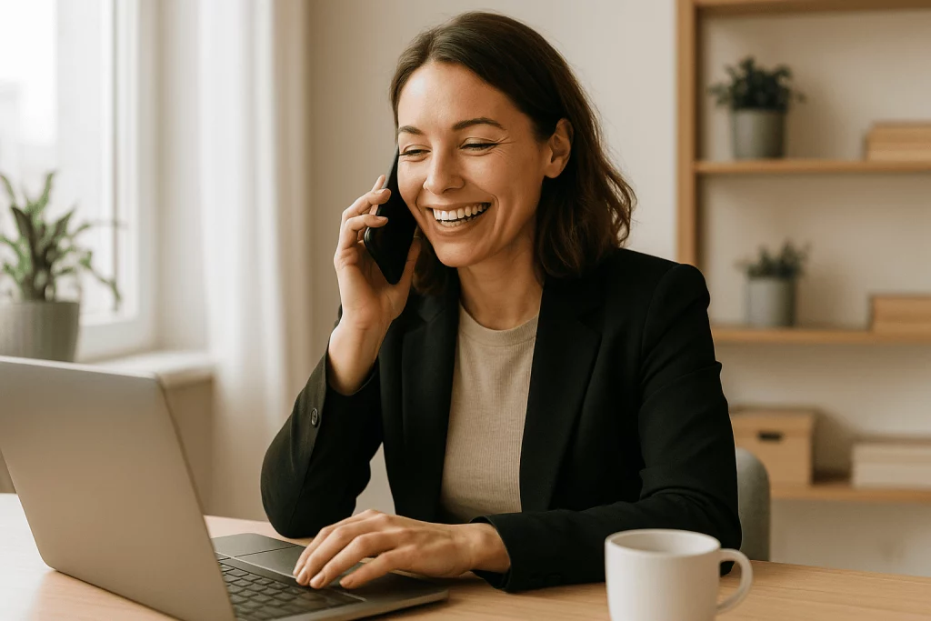 Femme professionnelle souriante en télétravail parlant au téléphone tout en utilisant son ordinateur portable, illustrant la communication flexible avec iGoFlex.