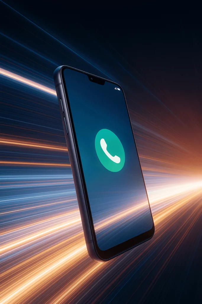 Smartphone avec icône d’appel sur fond lumineux futuriste, symbolisant la rapidité et la fluidité des communications cloud iGoFlex.