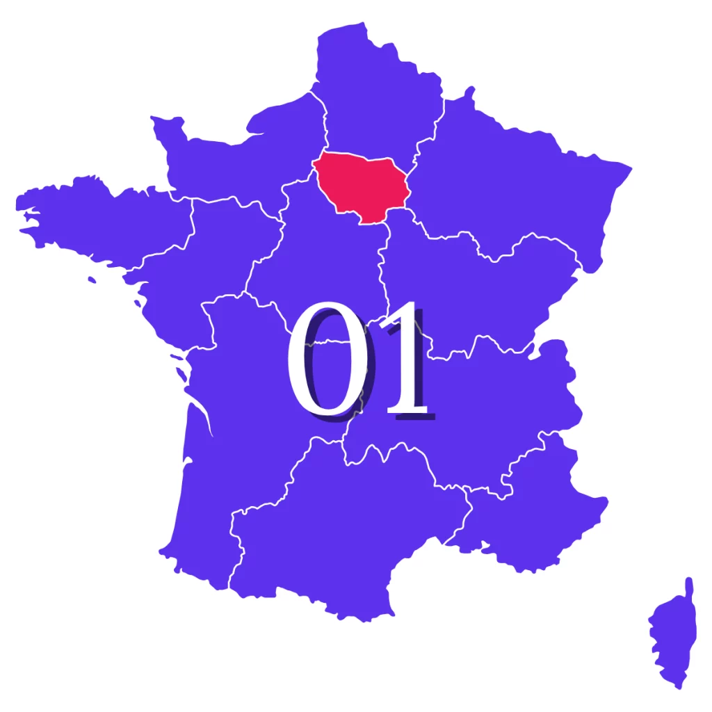 Carte de la France avec l'île de France en rouge suivie d'un 01