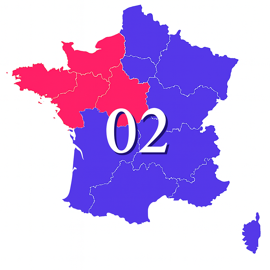 Numéro 02 – carte des régions françaises couvertes (Bretagne, Normandie, Pays de la Loire...)