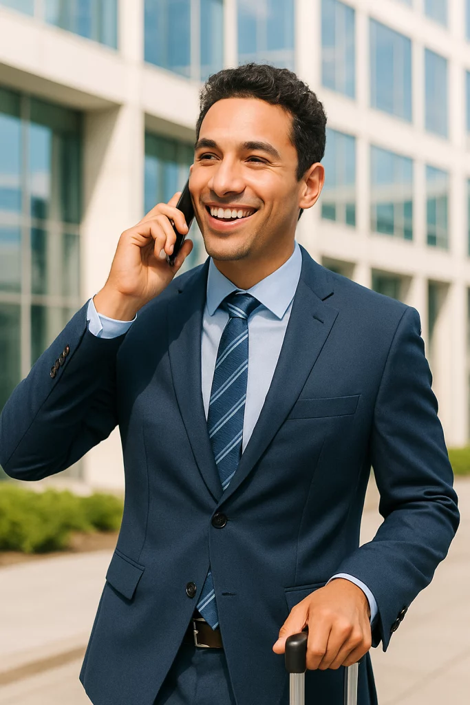 Un homme en costume bleu, souriant, parle au téléphone en tenant une valise à roulettes, devant un immeuble de bureaux moderne.