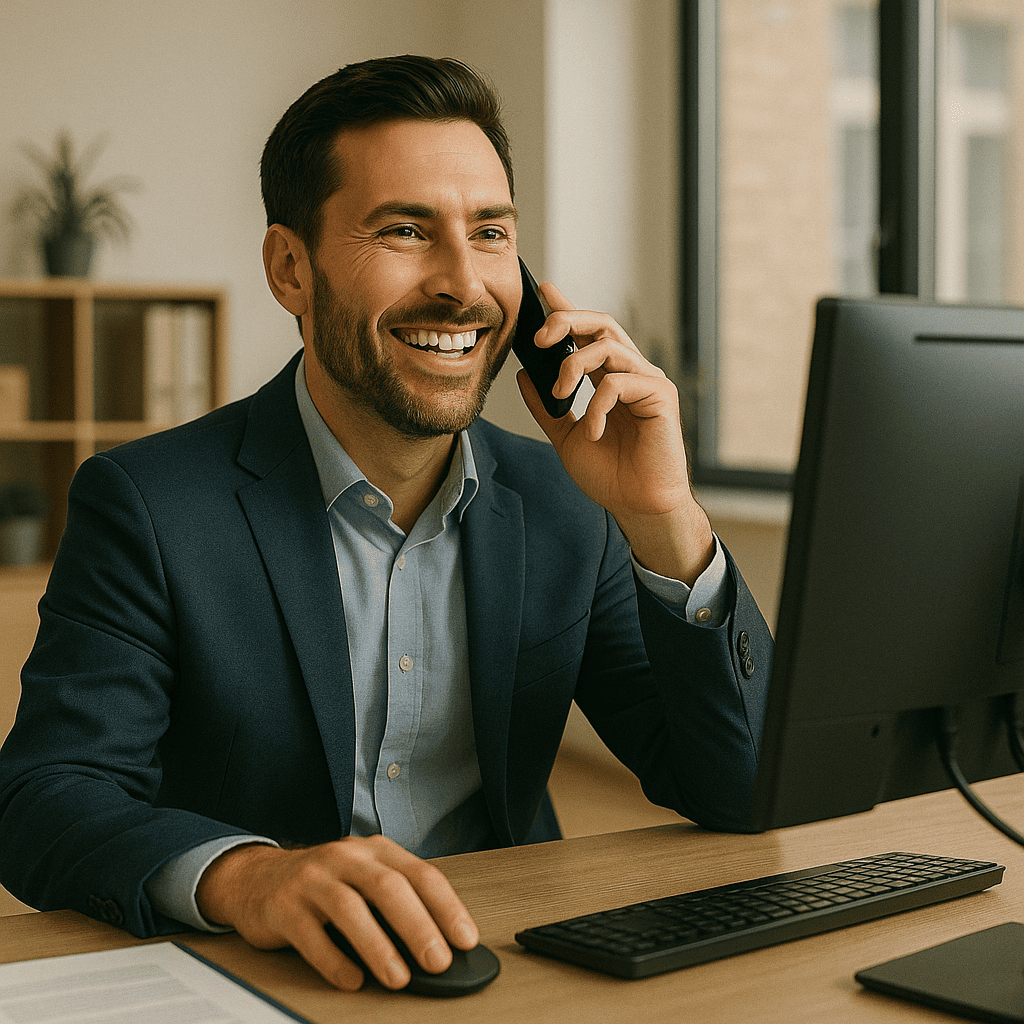 Homme d’affaires souriant au téléphone dans un bureau, illustrant la communication professionnelle simplifiée grâce à iGoFlex.