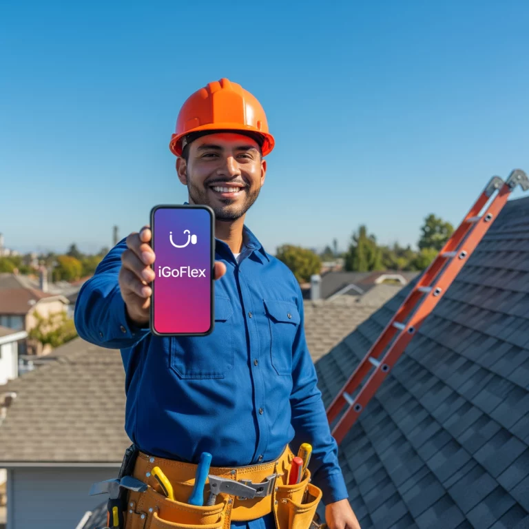 Un couvreur zingueur souriant, portant un casque orange et une ceinture à outils, tient un smartphone affichant l’application iGoFlex, debout sur un toit sous un ciel bleu.