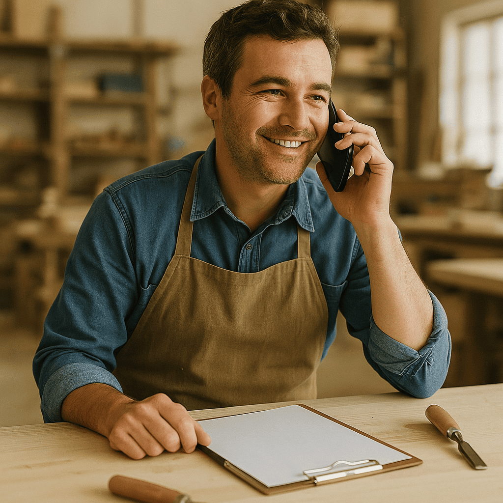 Artisan souriant parlant au téléphone dans son atelier, symbole de communication professionnelle moderne avec iGoFlex.