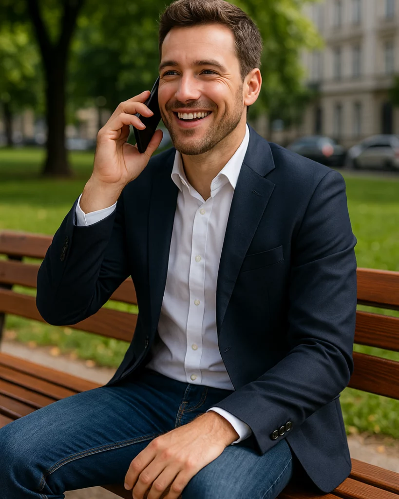 Homme souriant parlant au téléphone avec un numéro fixe professionnel sur mobile – iGoFlex