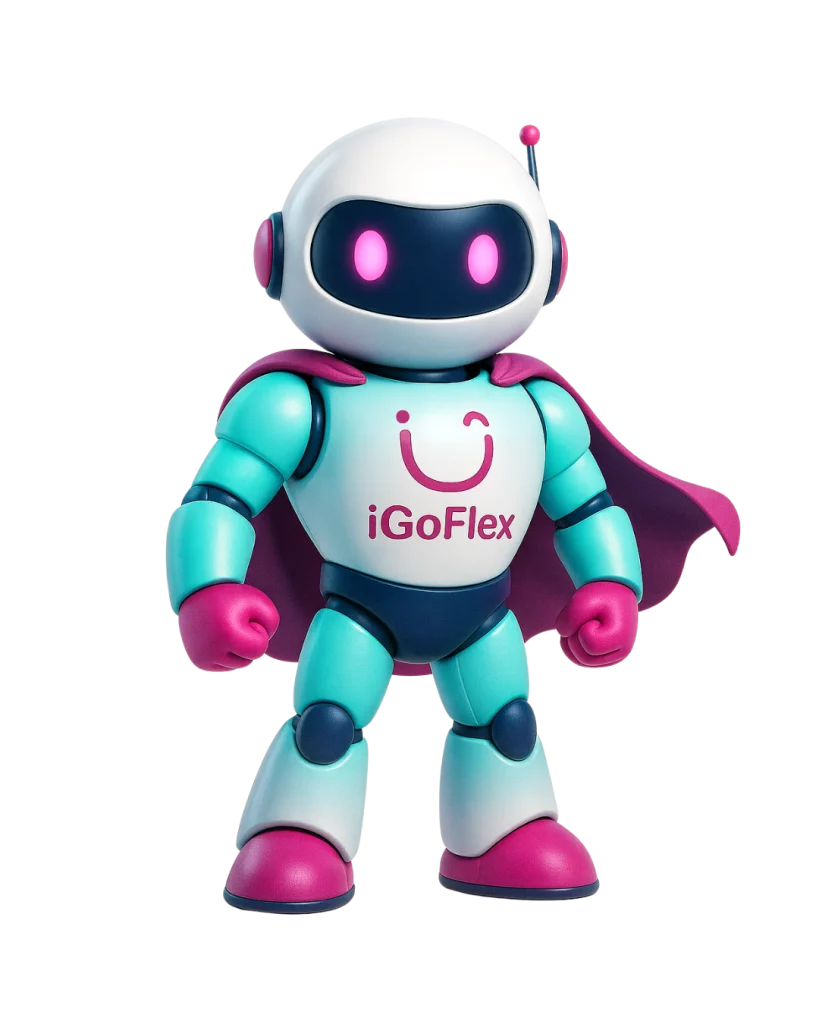 Robot mascotte iGoFlex bleu et rose, représentant la technologie et l’innovation de l’entreprise iGoFlex, sur fond blanc.
