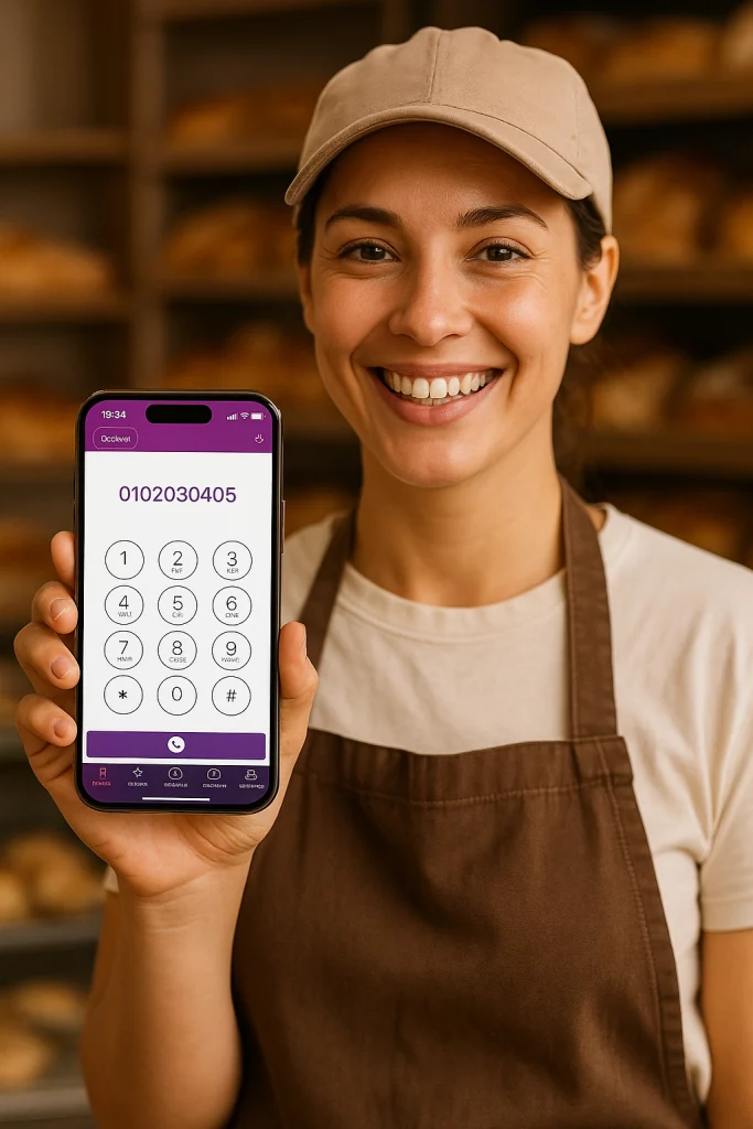 Une boulangère souriante tenant un smartphone affichant l’application iGoFlex pour la gestion des commandes et paiements dans une boulangerie artisanale.