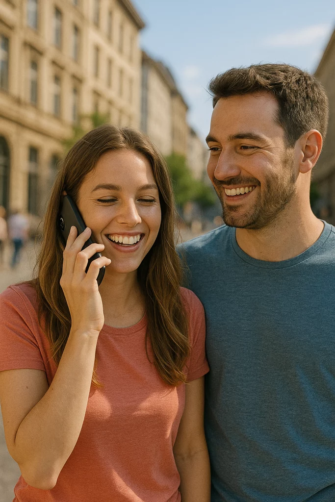 Couple souriant marchant en ville pendant un appel téléphonique, illustrant la communication mobile et la liberté d’utilisation avec iGoFlex.