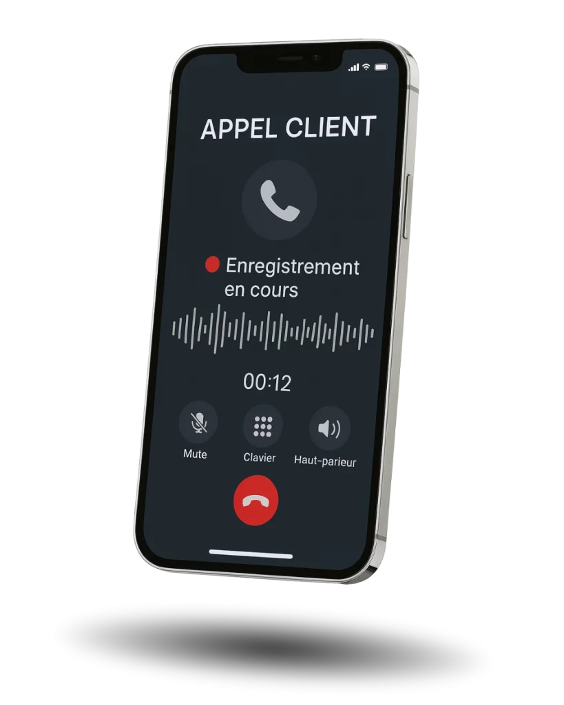 Smartphone iGoFlex enregistrant un appel client – écran affichant “Appel client, Enregistrement en cours”, interface moderne et professionnelle sur table en bois clair.
