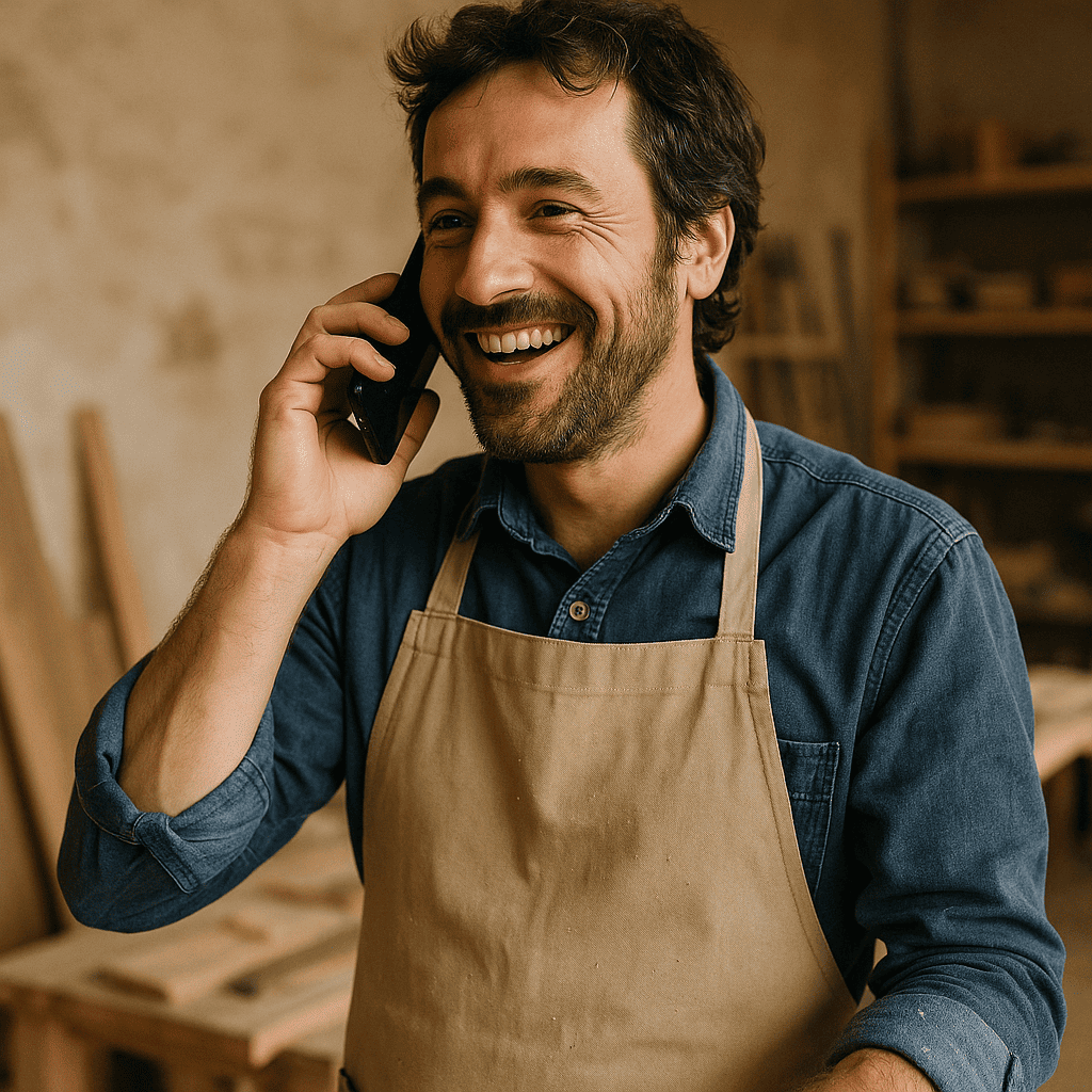 Artisan souriant portant un tablier et parlant au téléphone, représentant un ouvrier utilisant la solution de téléphonie professionnelle iGoFlex.