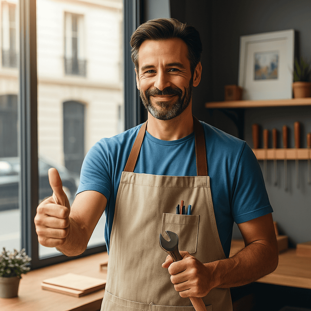 Artisan souriant en atelier levant le pouce en signe de satisfaction, symbole de professionnalisme et de confiance.