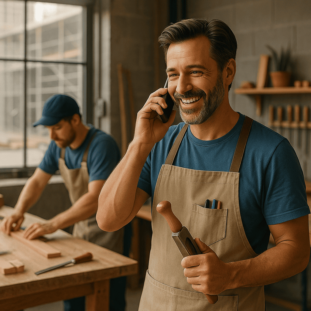 Artisan au travail dans son atelier, symbole de professionnalisme et de satisfaction client avec iGoFlex.