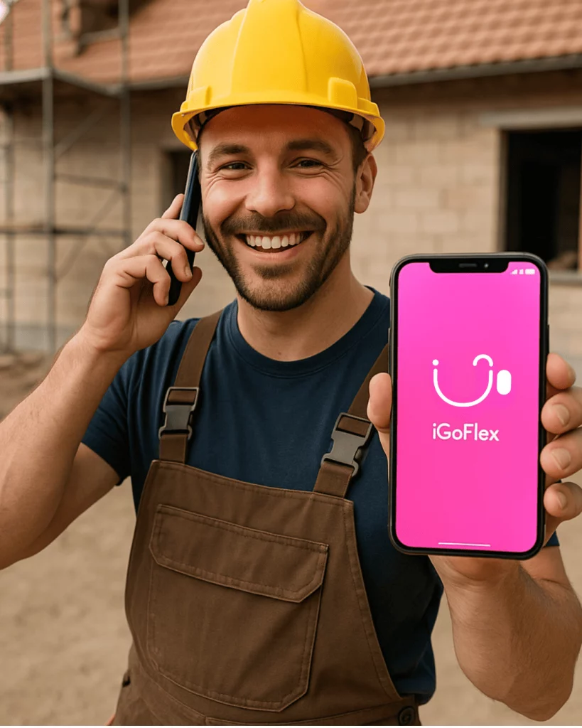 Couvreur souriant tenant un smartphone affichant le logo iGoFlex, illustrant un artisan connecté grâce à la téléphonie professionnelle iGoFlex.