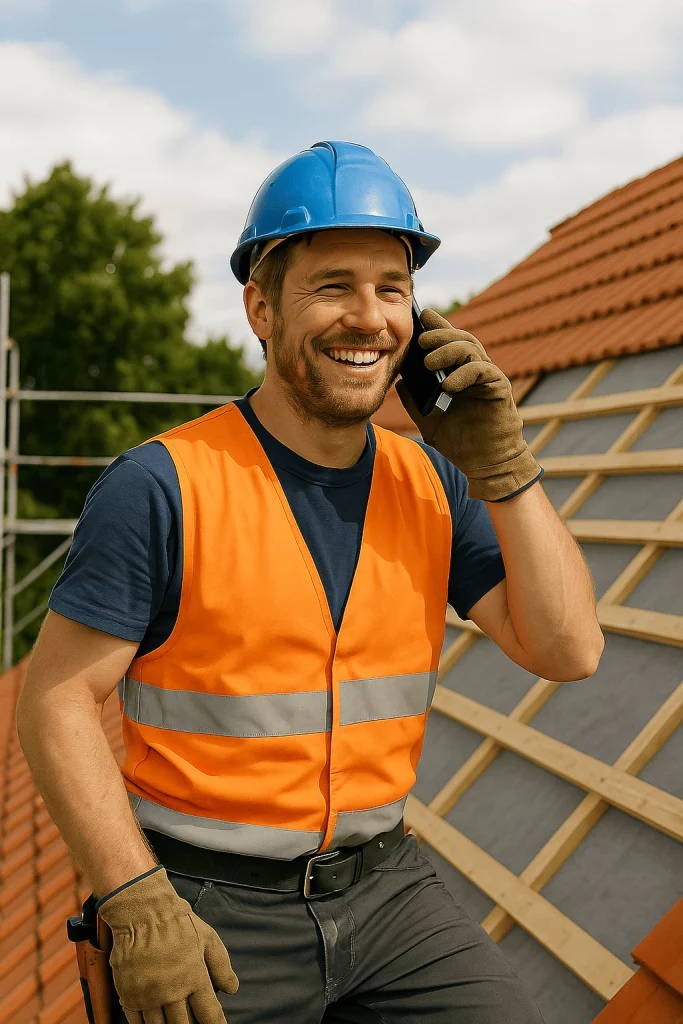 Couvreur souriant travaillant sur un toit, illustrant un professionnel du bâtiment utilisant une solution de communication iGoFlex.