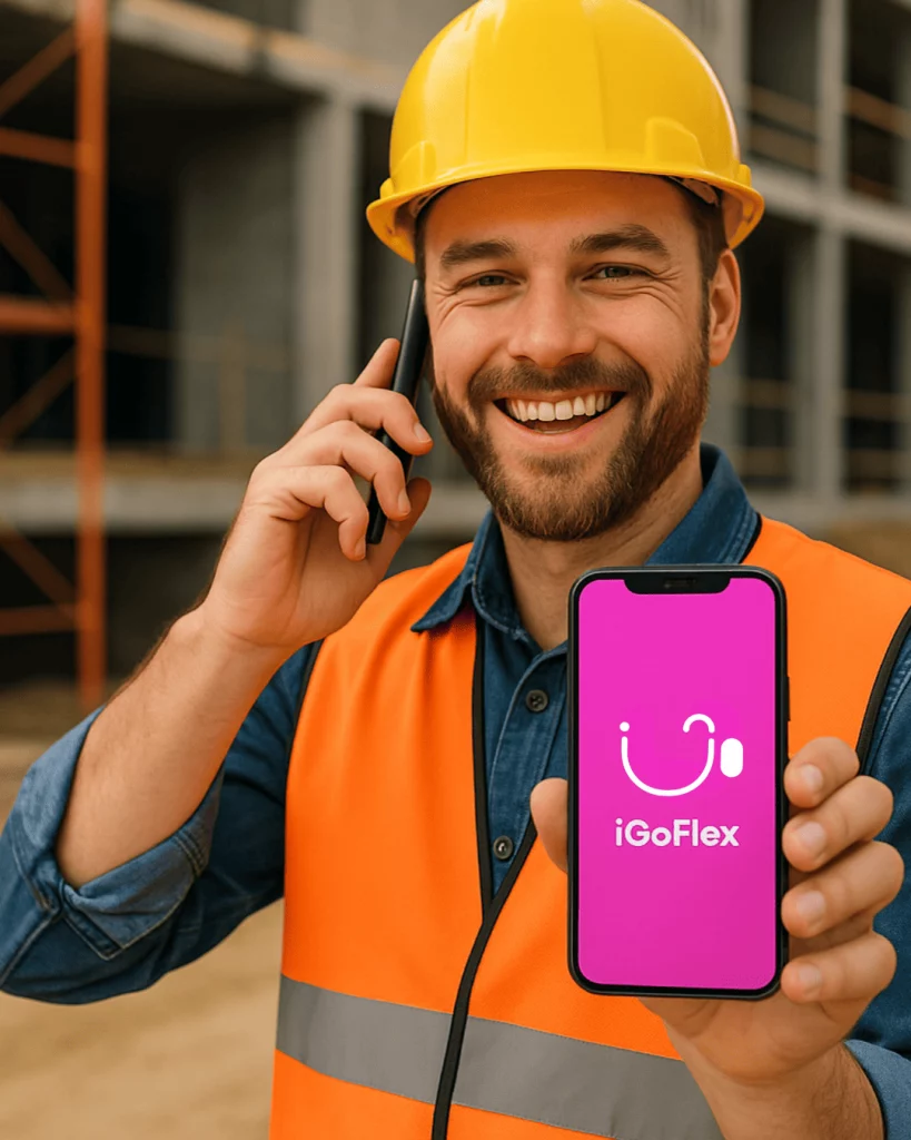 Ouvrier souriant sur un chantier tenant un smartphone affichant le logo iGoFlex, illustrant un professionnel connecté grâce à la téléphonie mobile iGoFlex.