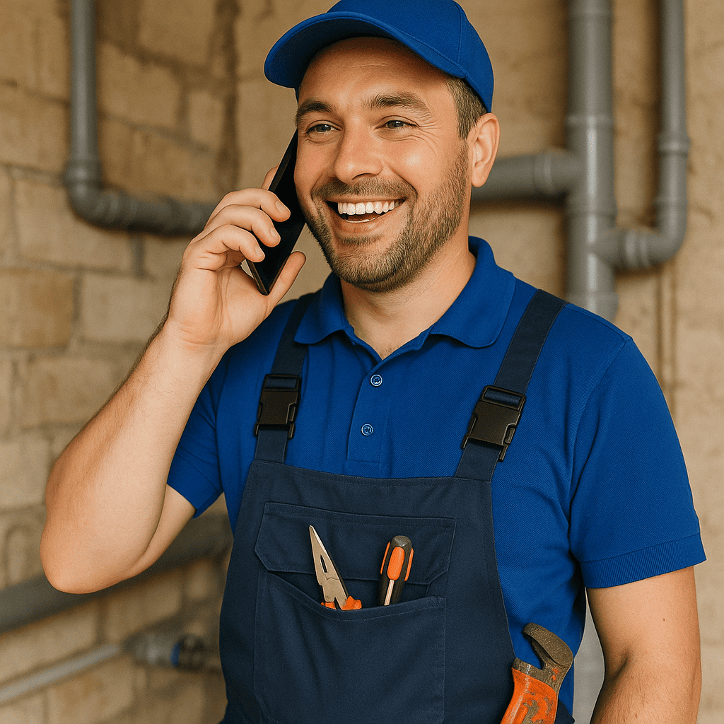 Plombier souriant utilisant iGoFlex pour gérer ses appels professionnels depuis son smartphone.