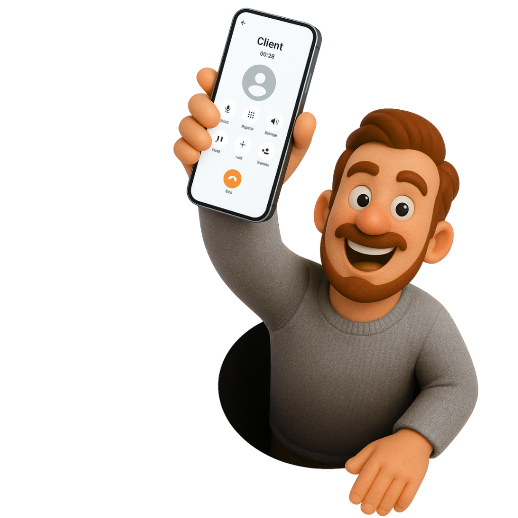 Personnage animé souriant présentant l’application mobile iGoFlex sur smartphone.