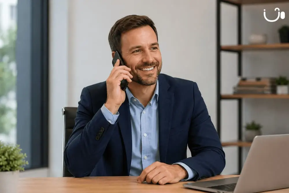 Professionnel répondant à un appel entrant avec un accueil téléphonique professionnel pour améliorer l'expérience client.