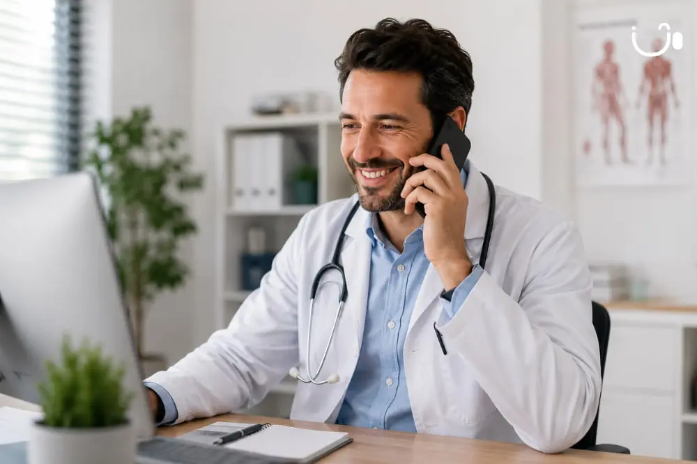 Médecin en consultation téléphonique utilisant un smartphone et un ordinateur pour gérer les appels de son cabinet avec un assistant téléphonique IA.