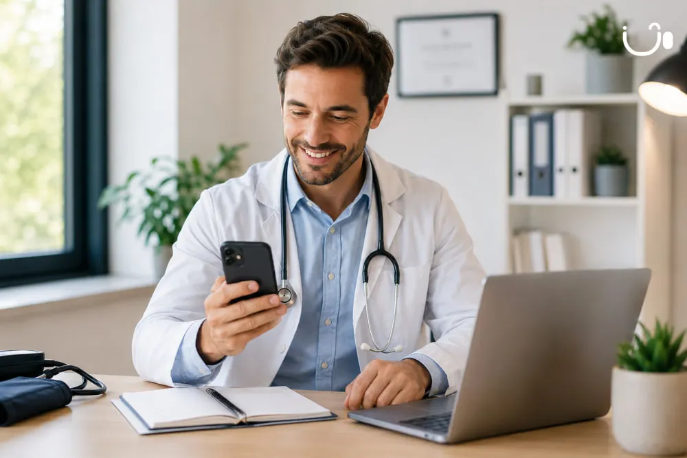 Médecin consultant son smartphone dans son cabinet pour gérer les appels de patients avec l'Assistant téléphonique IA Doctolib et iGoFlex..