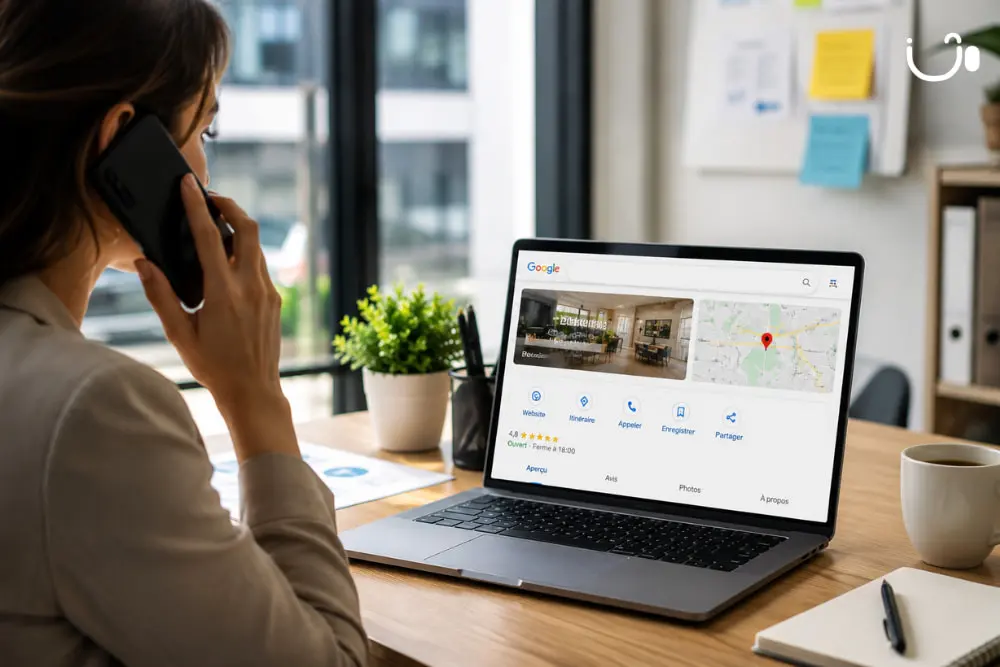 Professionnelle consultant sa fiche Google Business Profile sur un ordinateur tout en répondant à un appel depuis son numéro fixe professionnel.