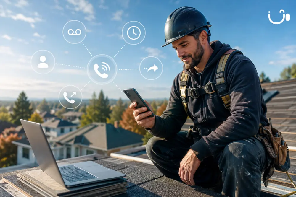 Couvreur sur un toit consultant son smartphone avec un ordinateur portable à côté, illustrant la gestion d’une ligne professionnelle iGoFlex sur chantier.