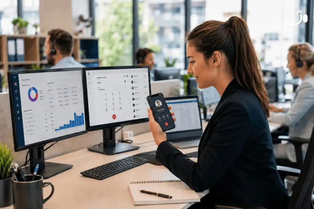 Équipe utilisant une solution de téléphonie cloud avec tableau de bord, appels en cours et historique pour gérer un pic d'appels.