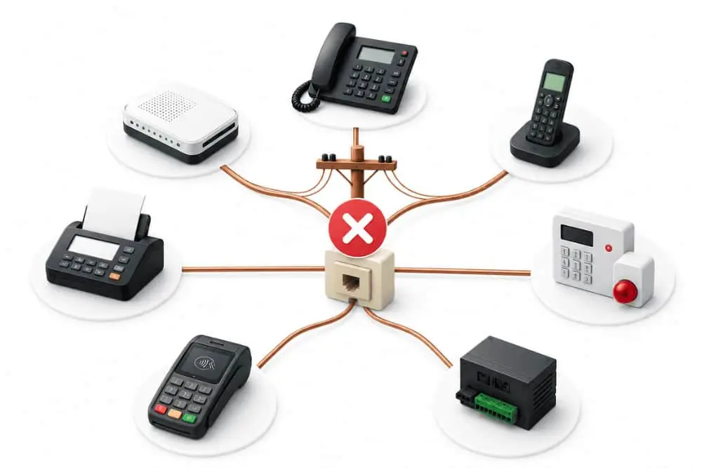 Équipements concernés par la fermeture du réseau cuivre : téléphone fixe, box ADSL, fax, alarme et terminal de paiement