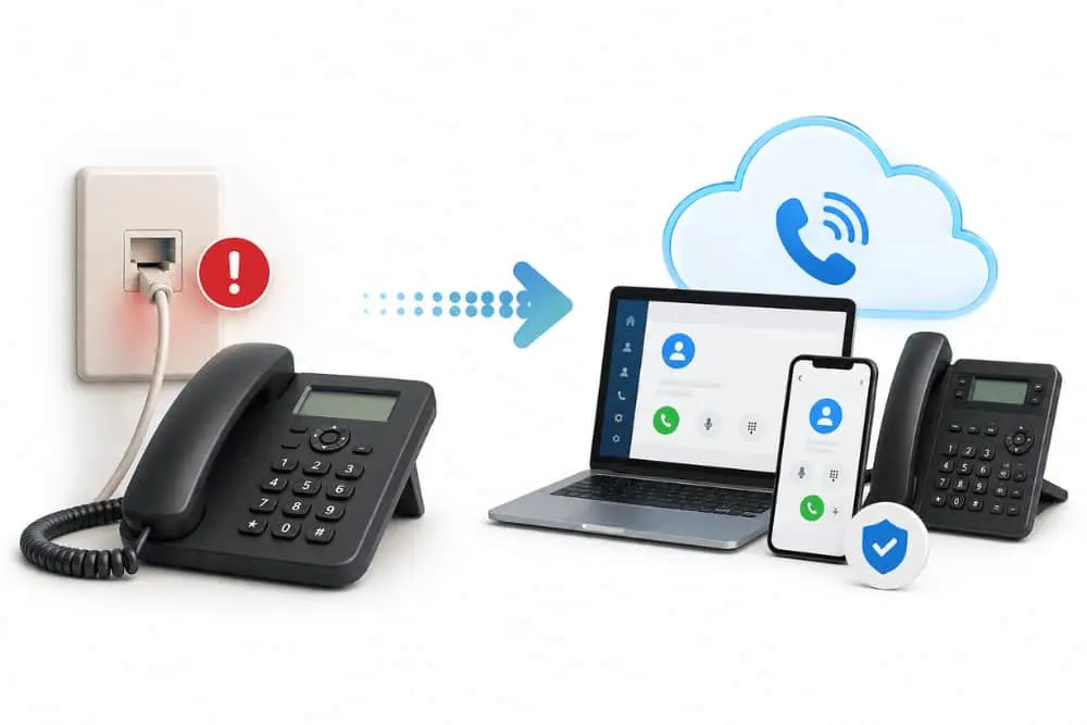 Illustration de la fermeture du réseau cuivre avec migration du téléphone fixe vers une solution de téléphonie cloud pour conserver son numéro