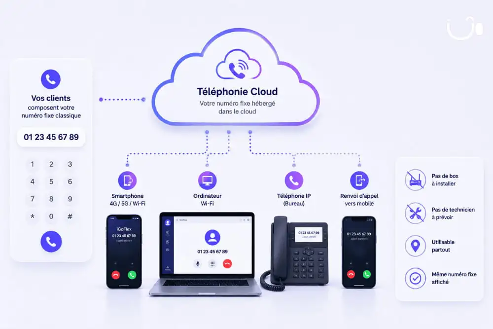 Schéma expliquant le fonctionnement d'une ligne fixe sans box grâce à la téléphonie cloud sur smartphone, ordinateur et téléphone IP.