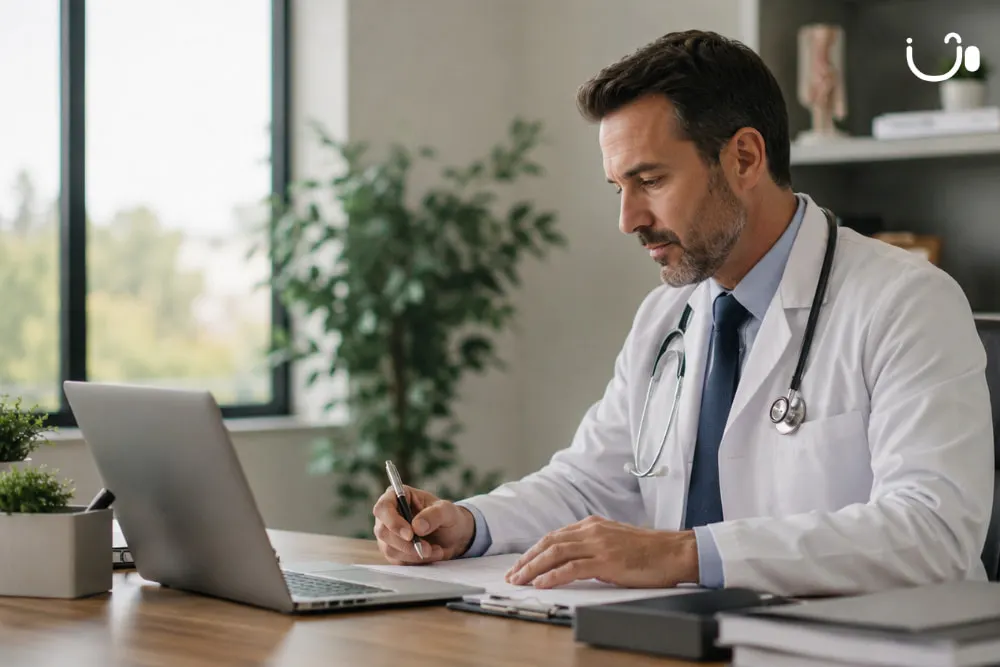 Médecin organisant les appels urgents de son cabinet avec un SVI et un routage téléphonique adapté.