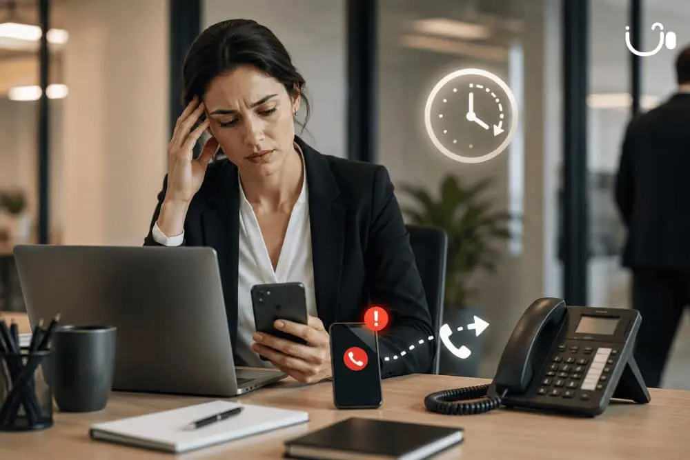 Professionnelle confrontée à un appel manqué et à une mauvaise gestion des appels entrants pouvant faire perdre des clients.