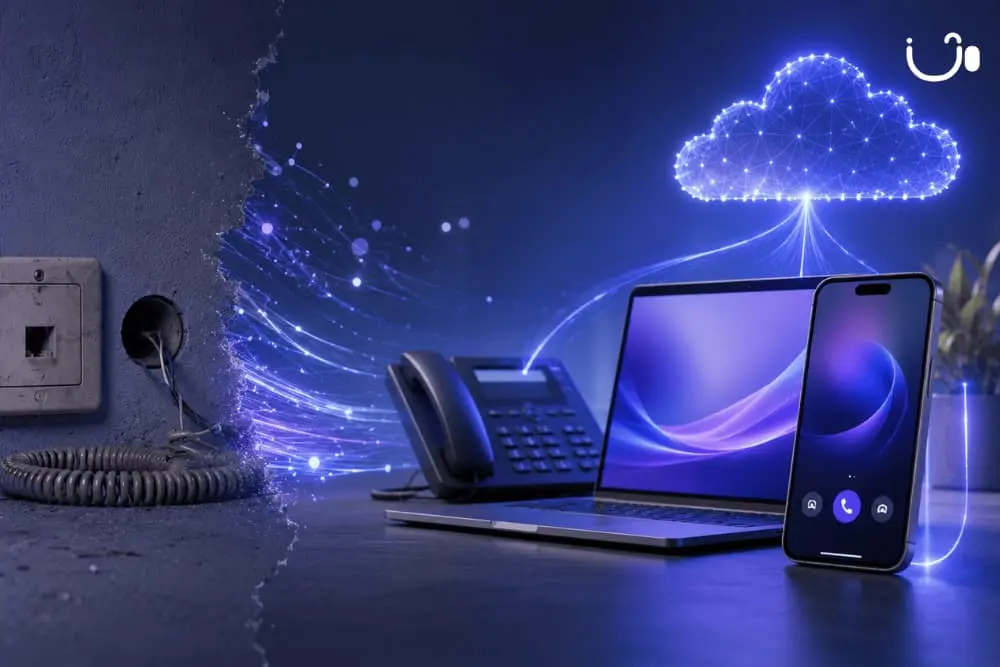 Illustration d'une ligne fixe professionnelle sans Internet fonctionnant sur mobile, ordinateur et téléphone IP grâce à la téléphonie cloud