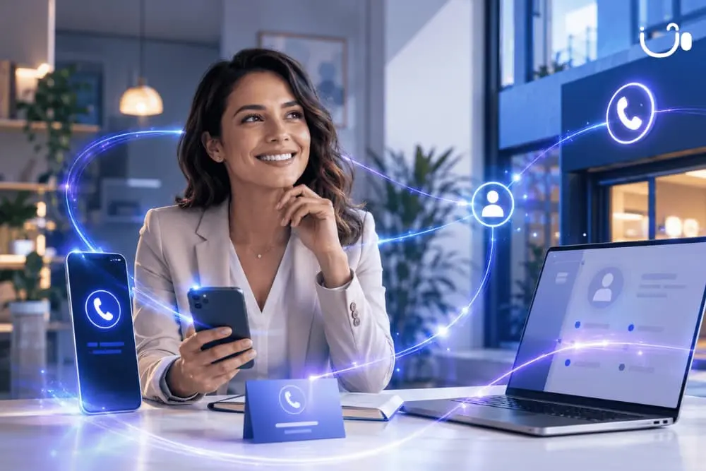 Professionnelle utilisant un numéro fixe professionnel sur mobile et ordinateur pour améliorer l'image de son entreprise