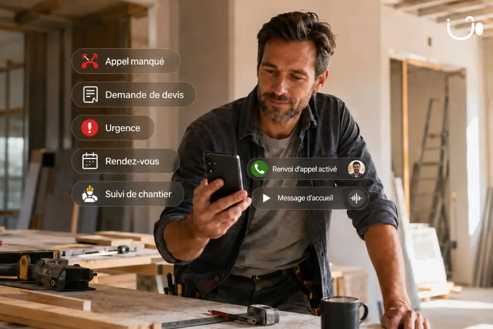 Artisan consultant son smartphone sur un chantier avec un numéro professionnel permettant de gérer les appels clients et les demandes de devis.