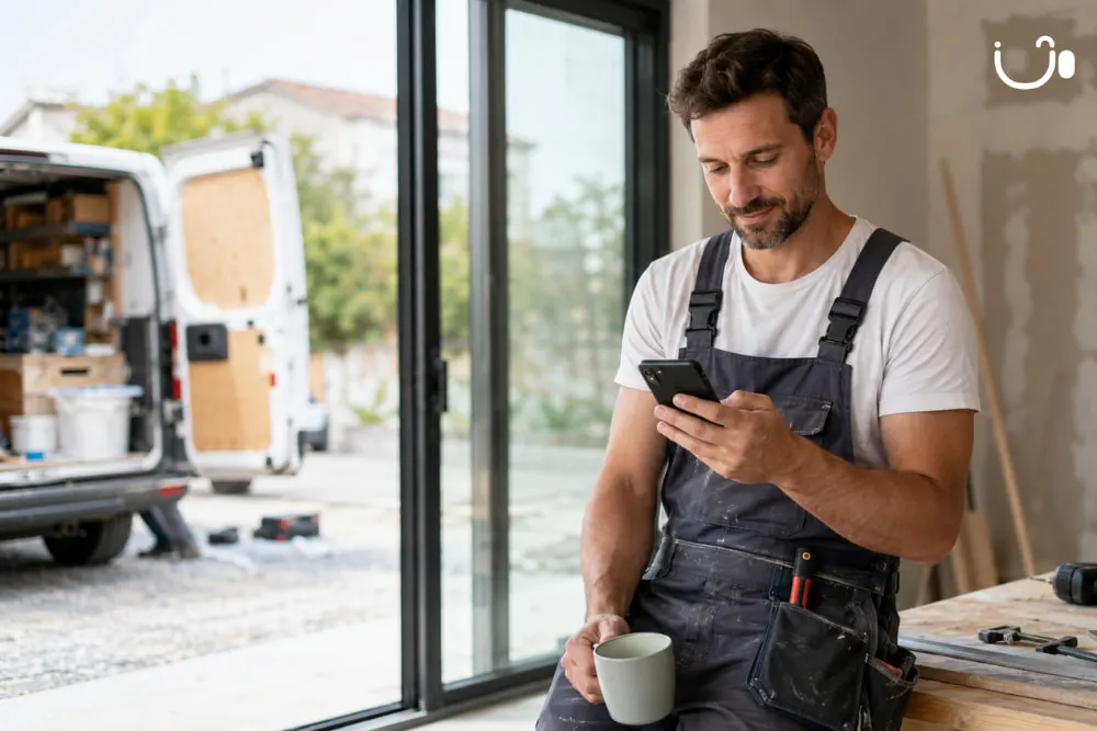 Artisan consultant son smartphone sur un chantier, illustrant l'utilisation d'un numéro professionnel pour rester joignable sans communiquer son numéro mobile personnel.