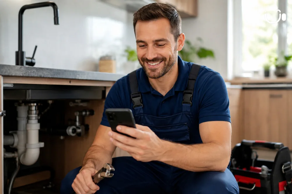 Plombier consultant son smartphone pendant une intervention illustrant la gestion des appels clients avec un numéro fixe professionnel sur mobile.