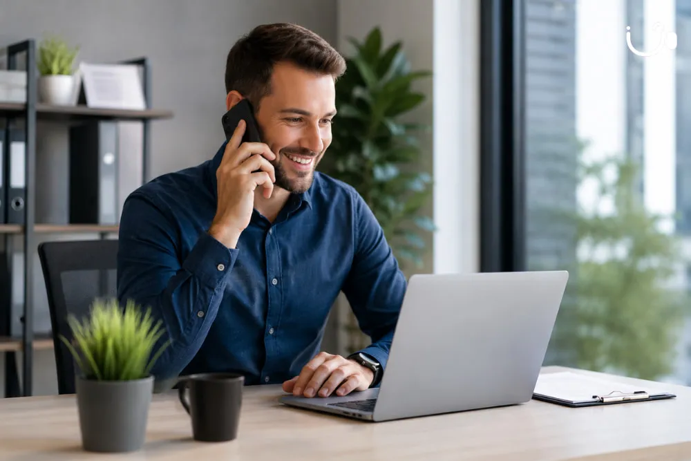 Professionnel utilisant un numéro fixe professionnel iGoFlex sur son smartphone tout en travaillant sur son ordinateur.
