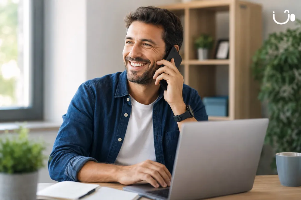 Professionnel au téléphone devant son ordinateur illustrant les critères pour choisir un opérateur téléphonique d'entreprise et une solution de téléphonie cloud.