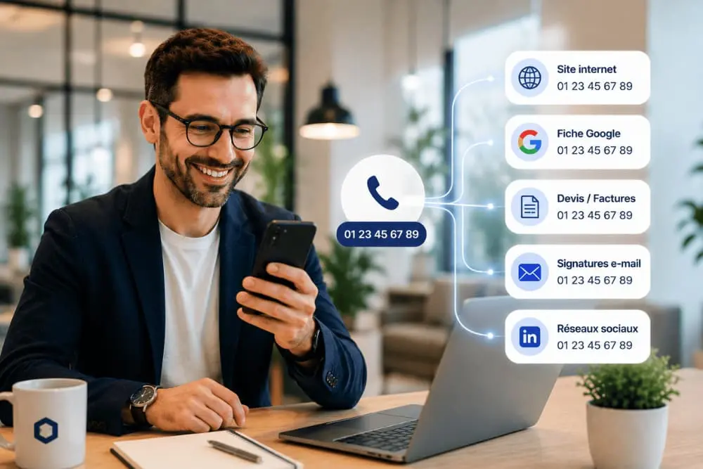 Numéro professionnel affiché sur site internet, fiche Google, devis, factures, signatures e-mail et réseaux sociaux.