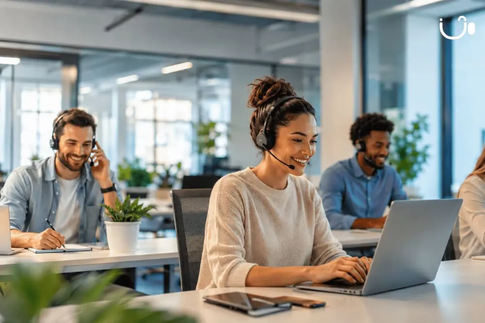 Équipe de collaborateurs répondant aux appels clients pour gérer une forte affluence téléphonique avec un numéro fixe professionnel